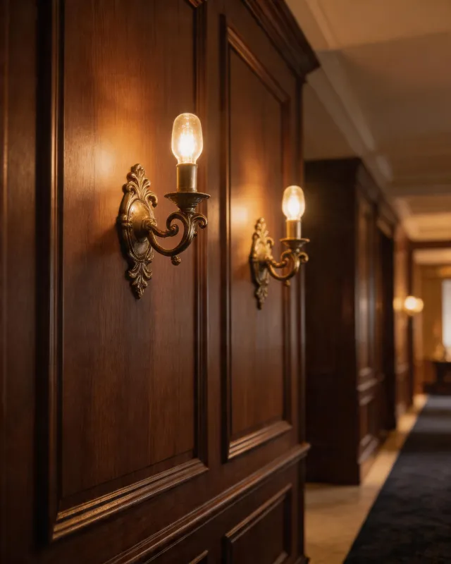 Wall Lights & Sconces — dark paneled corridor